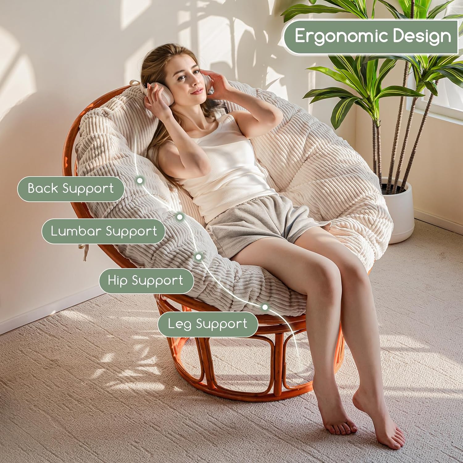 HIGOGOGO Papasan Chair Cushion with Corduroy Cover (Without Chair), 48 x 48 Inch Supportive Cushion, Overstuffed Chair Cushion,Beige