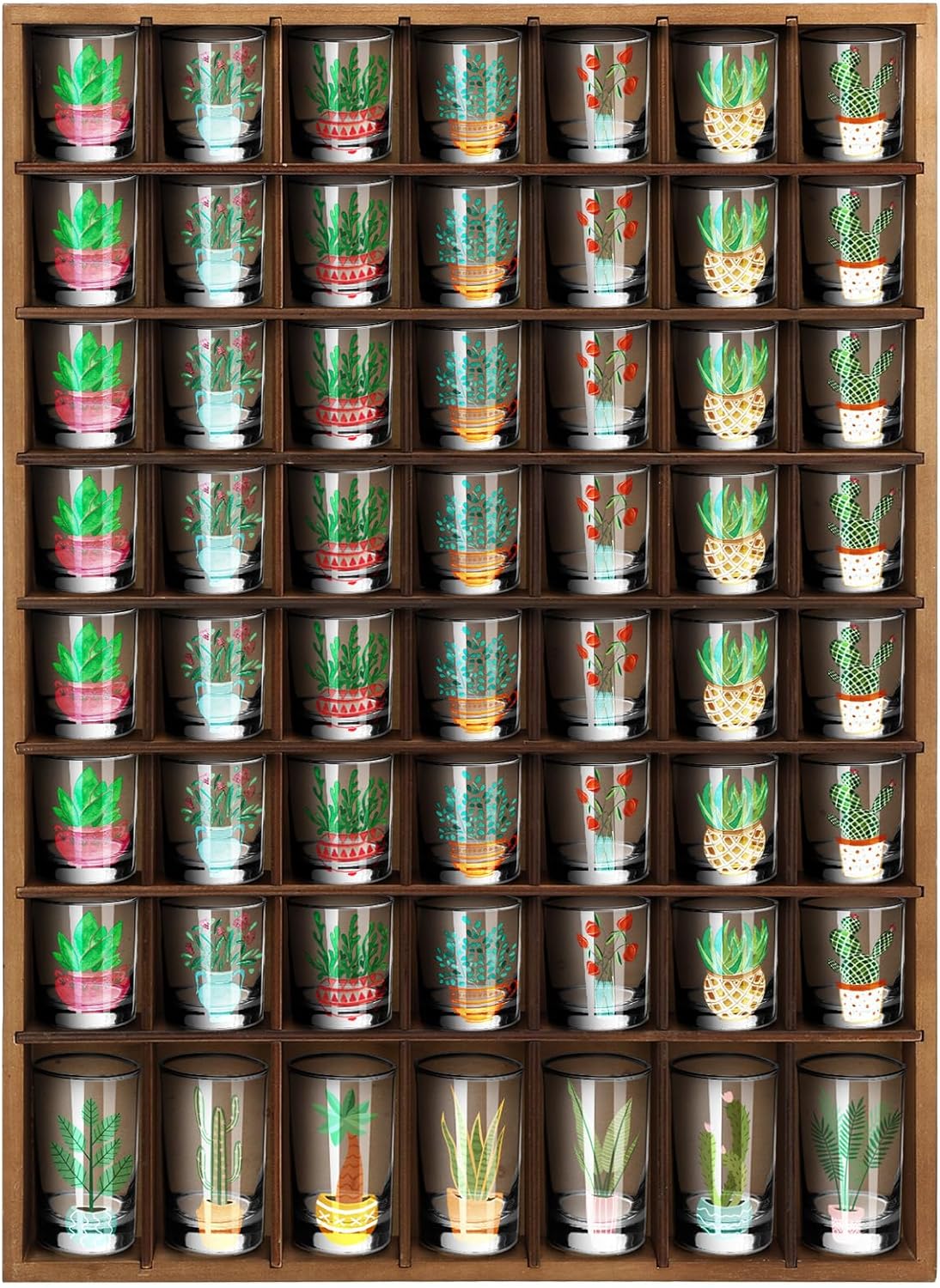 Barydat Shot Glass Display Case Wood Shot Glass shelf holder 56 Compartments Wall-mounted Rustic Bar Cabinet(Brown,1 Pcs)