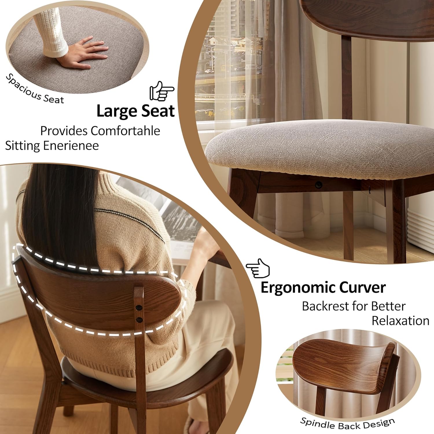 Modern Solid Wood Dining Chair Set of 6, Kitchen Dining Room Chair with Upholstered Cushion and Seat Cover, Curved Backrest, 100% FAS Grade North America Oak Wood, Walnut