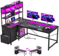 55''Gaming Desk L Shaped Desk with 3 Fabric Drawers & Shelves, Reversible Computer Desk with Remote LED Lights, Power Outlet and PC Stand of Home Office Desk for Bedroom,Dorm,Gaming Room,Black