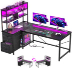55''Gaming Desk L Shaped Desk with 3 Fabric Drawers & Shelves, Reversible Computer Desk with Remote LED Lights, Power Outlet and PC Stand of Home Office Desk for Bedroom,Dorm,Gaming Room,Black