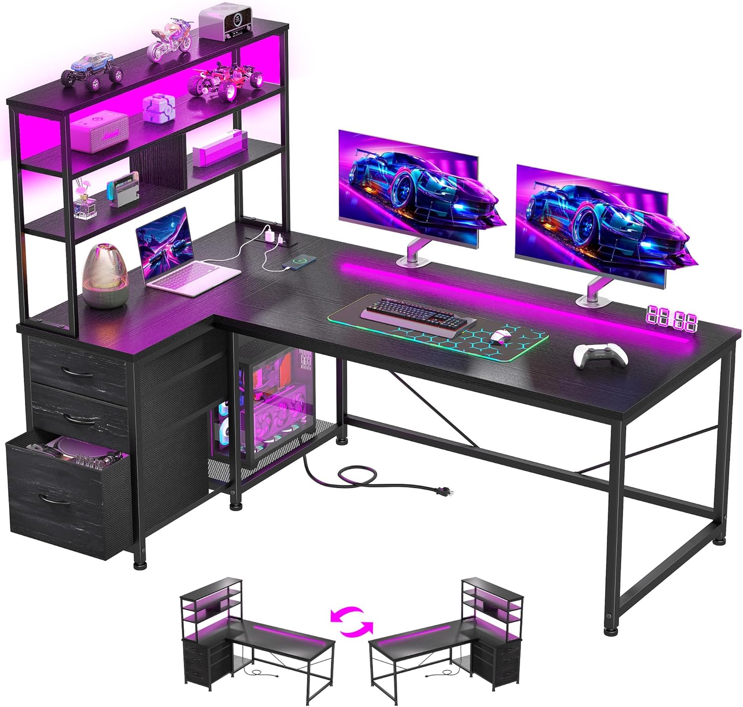 55''Gaming Desk L Shaped Desk with 3 Fabric Drawers & Shelves, Reversible Computer Desk with Remote LED Lights, Power Outlet and PC Stand of Home Office Desk for Bedroom,Dorm,Gaming Room,Black
