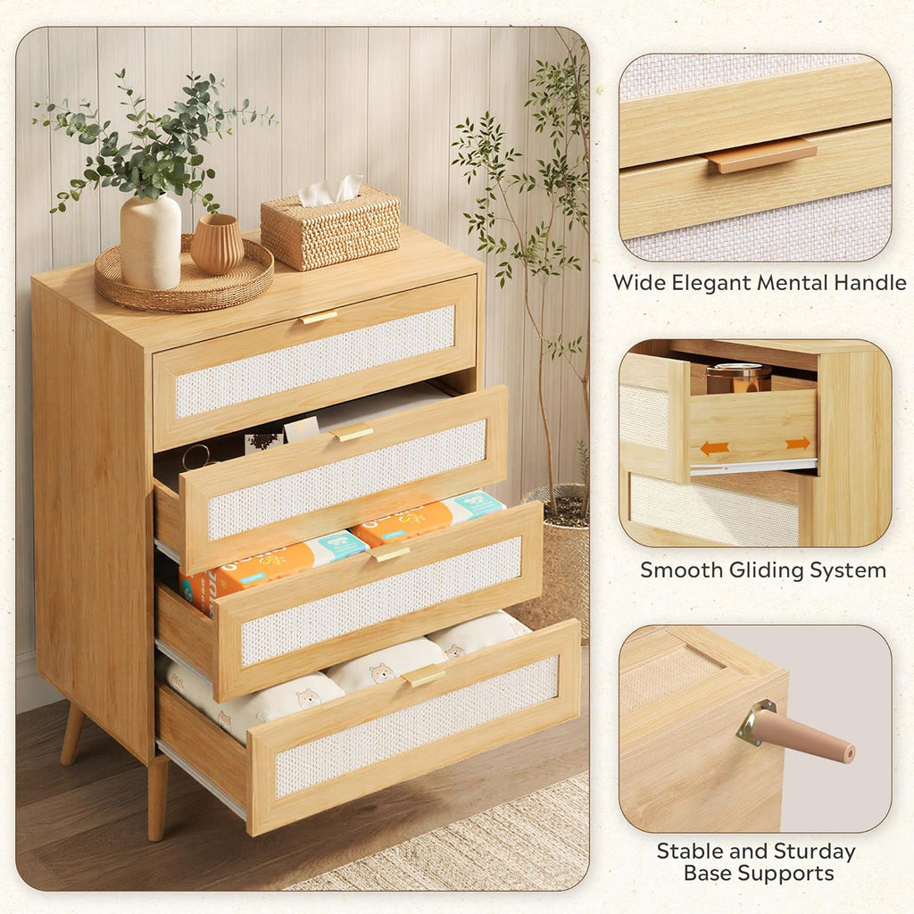 Rattan TV Stand, 4-Drawer Wooden Boho Media Console with Gold Metal Handles, Light Oak Storage Cabinet for Living Room, Office