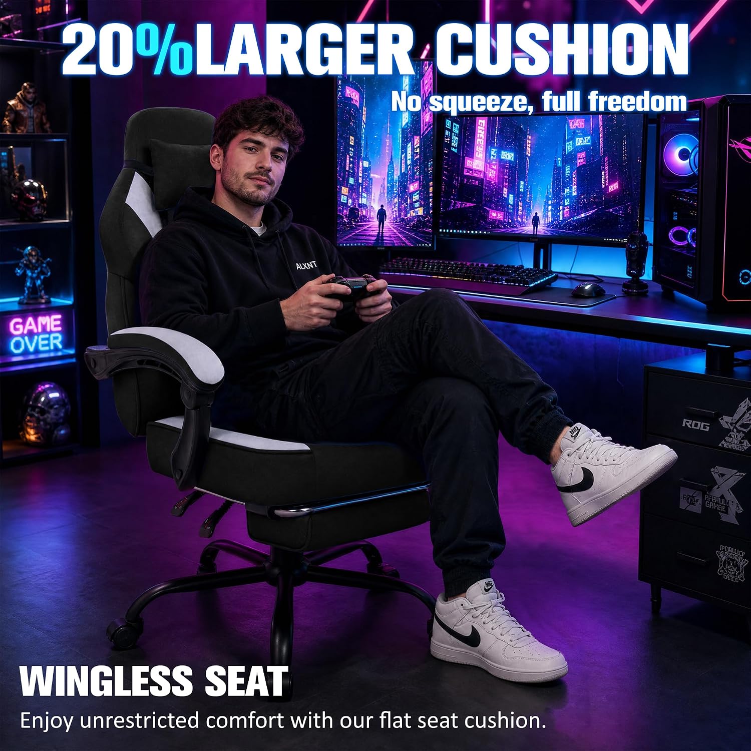 Gaming Chair with Footrest Fabric Gaming Chair for Adults with Massage Lumbar Support, High Back Ergonomic Computer Chair, Pocket Spring Cushion, 150°Reclining & Linkage Armrests, Black