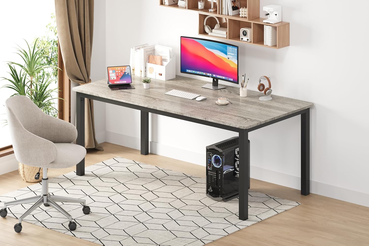 71" Large Industrial Dining Table, Rectangular Wooden Table with Sturdy Metal Legs & Rounded Edges, Kitchen, Living Room or Writing Desk,1.8m(Grey & Black Leg)