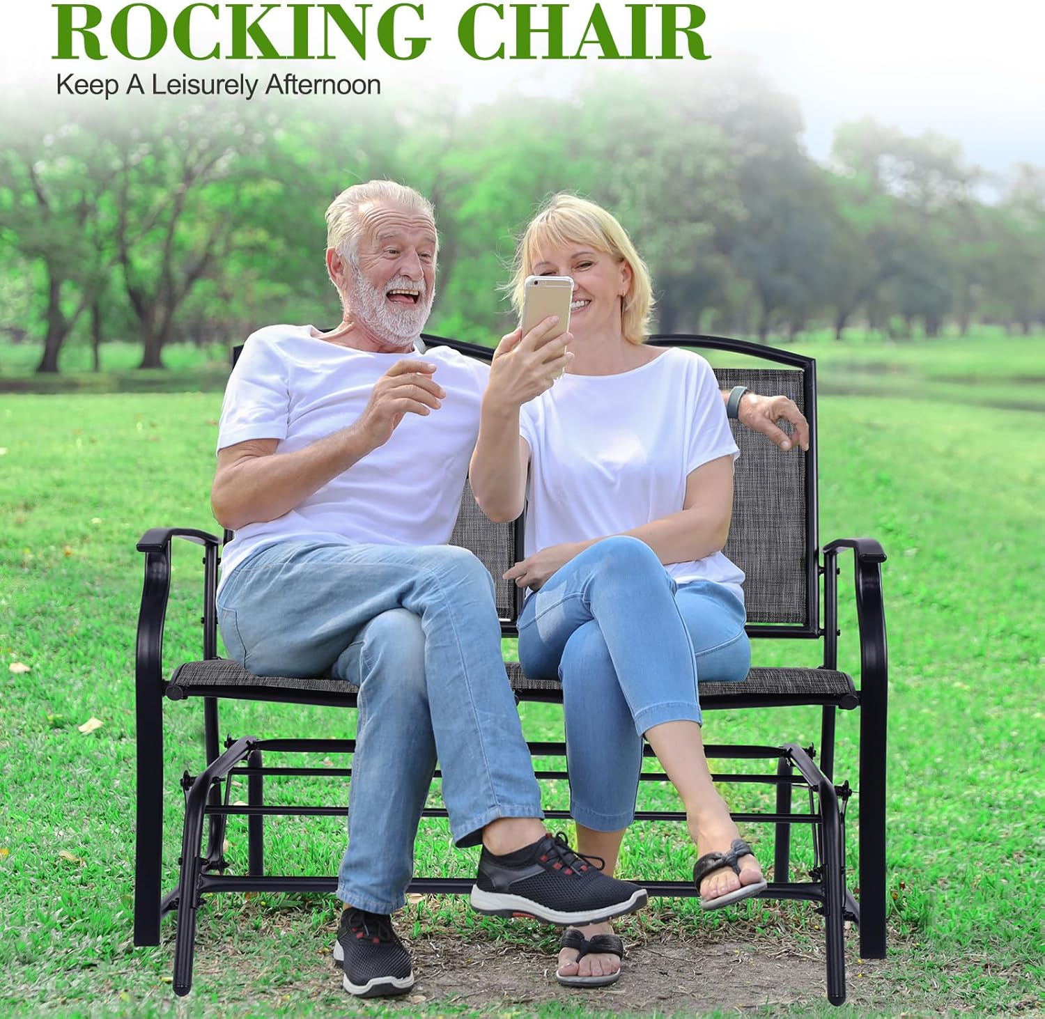 Backyard Expressions 2-Person Outdoor Glider Bench, Patio Double Swing Rocking Chair Loveseat w/Powder Coated Steel Frame for Backyard Garden Porch, Black Frame - Heathered Grey Sling Fabric
