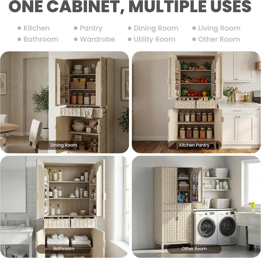 Pantry Cabinet, 71" Tall Pantry Cabinet,Modern Kitchen Cabinet with Doors, Drawers & Adjustable Shelves, Freestanding Food Pantry Cupboard with Side Rack for Kitchen Dining Room,Oak