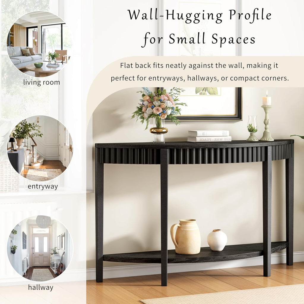 55'' Elegant Half Moon Entryway Table with Wood Veneer and Open Shelf A Refined Accent for Hallways or Foyers