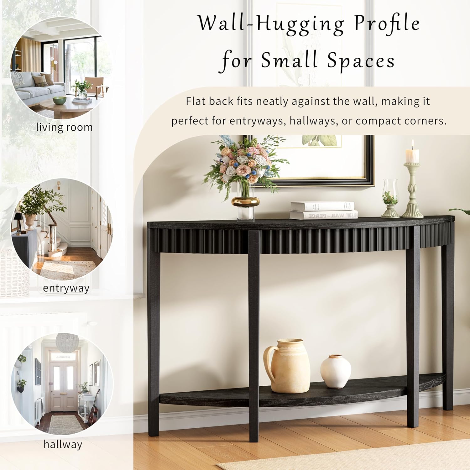 55'' Elegant Half Moon Entryway Table with Wood Veneer and Open Shelf A Refined Accent for Hallways or Foyers