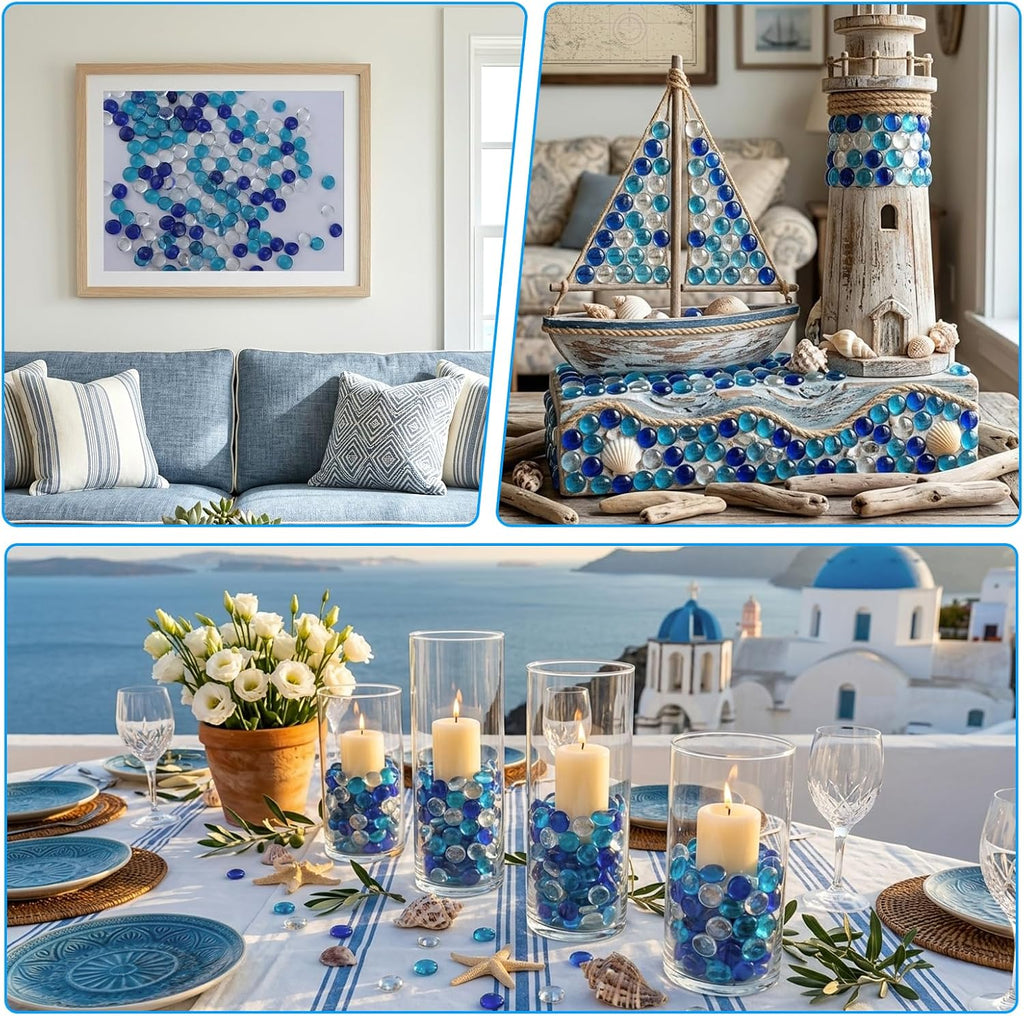 3 lb Flat Glass Marbles for Home Decor, Blue Mixed Glass Gems | 300-320 pcs, Glass material, light-reflecting decor, homeowners & crafters,vase filler, fish tanks, weddings;
