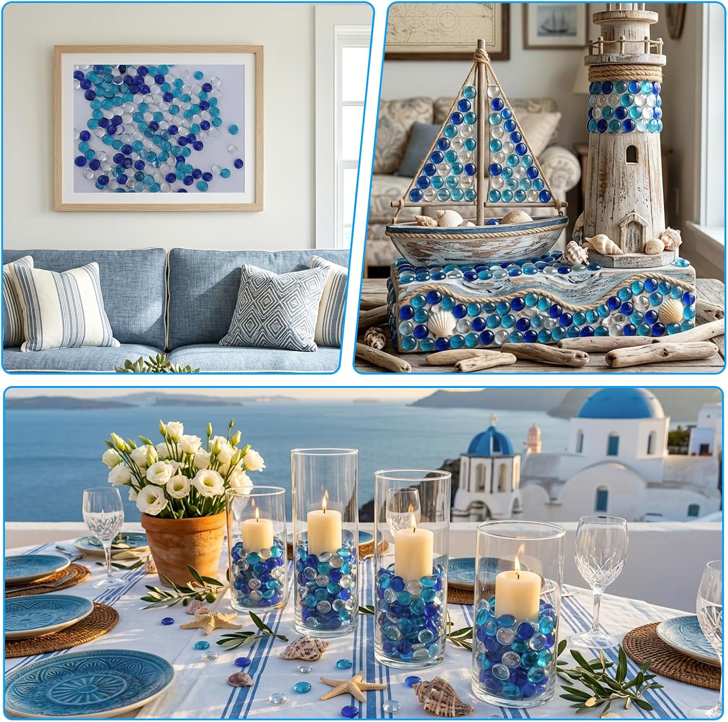 3 lb Flat Glass Marbles for Home Decor, Blue Mixed Glass Gems | 300-320 pcs, Glass material, light-reflecting decor, homeowners & crafters,vase filler, fish tanks, weddings;