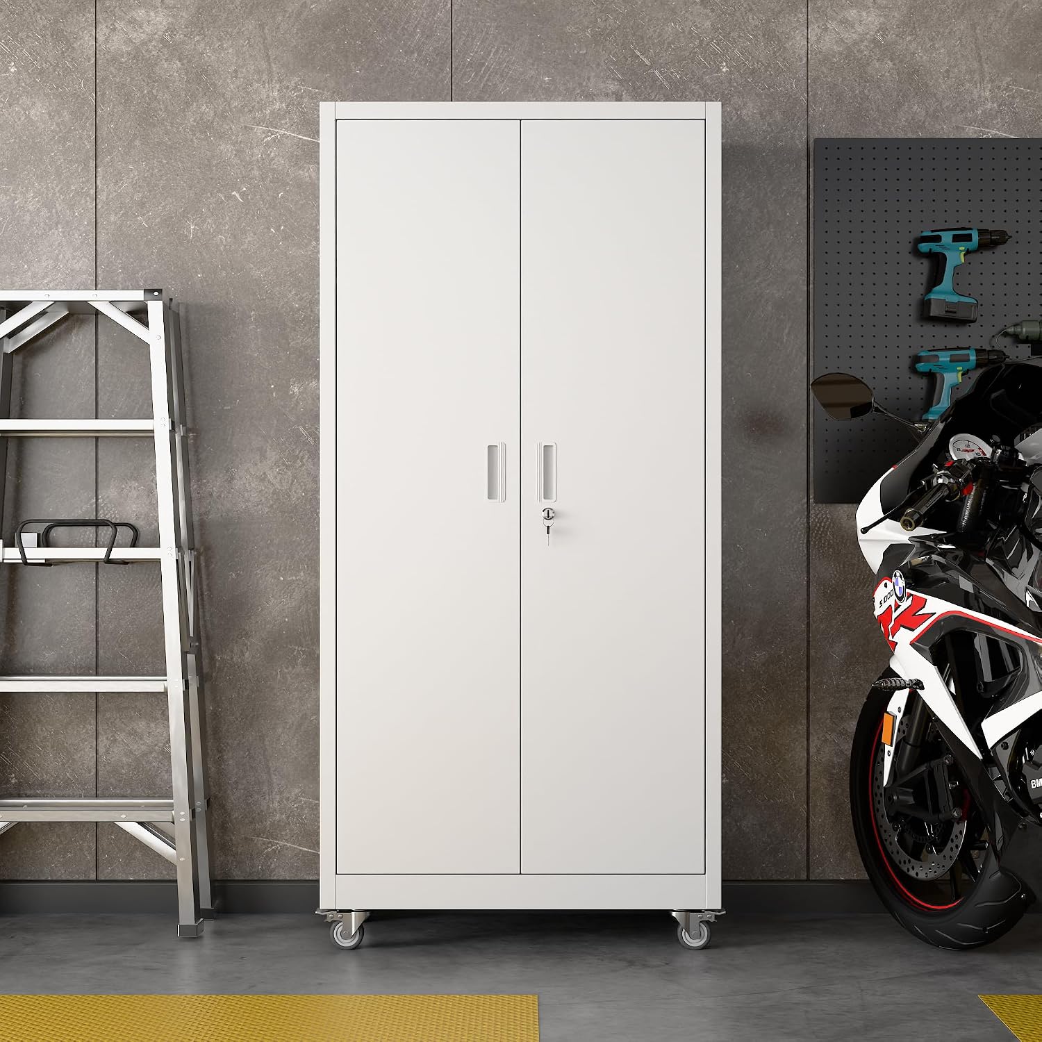 Aobabo Upgrade 71H''*32''W*16''D Metal Garage Storage Cabinet with Wheels and Pegboards, 5 Adjustable Shelves Steel Storage Cabinets for Home,Warehouse,Garage,Assembly Required,White