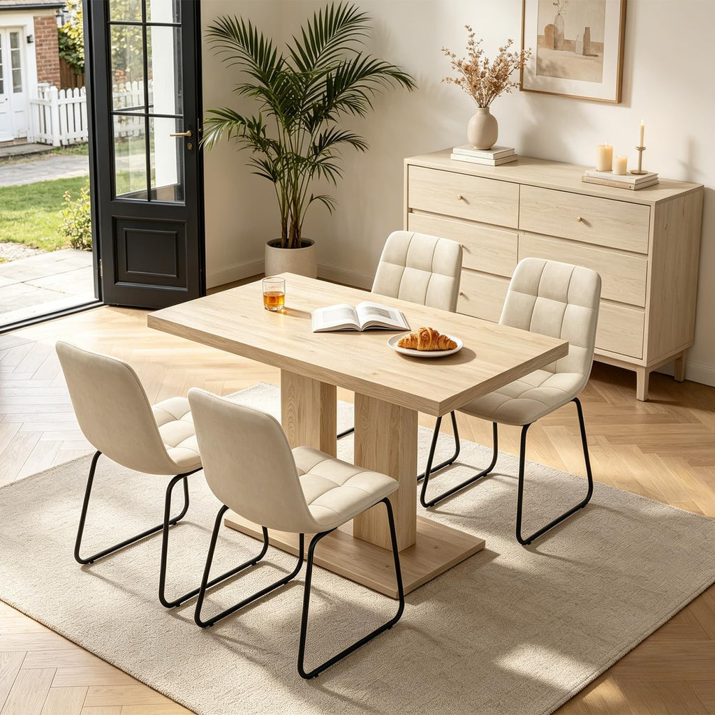 Modern 5-Piece Dining Table Set for 4, 46" Pedestal Dining Room Table with 4 Leather Chairs, Small Space Saving Kitchen Table Set, Natural Wood Finish Rectangle Table for Home & Apartment