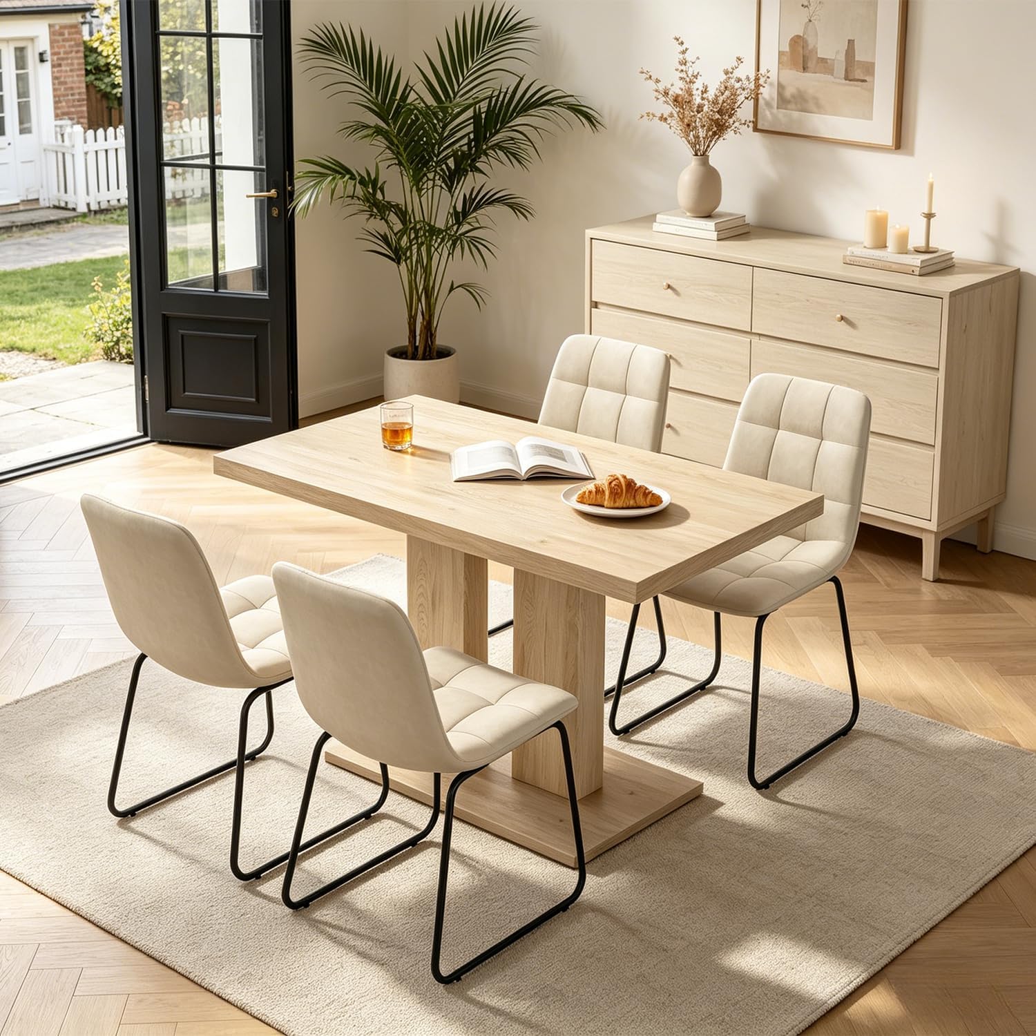 Modern 5-Piece Dining Table Set for 4, 46" Pedestal Dining Room Table with 4 Leather Chairs, Small Space Saving Kitchen Table Set, Natural Wood Finish Rectangle Table for Home & Apartment