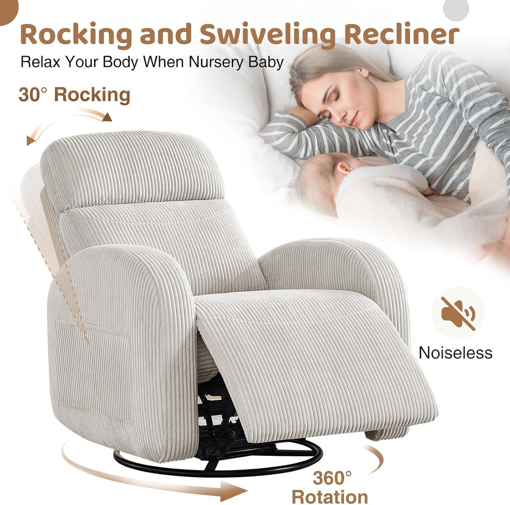 Swivel Rocker Recliner for Nursery, Glider Recliner Nursery Chair, Rocking Recliner Chairs with Double Pockets for Living Room, Camel Corduroy