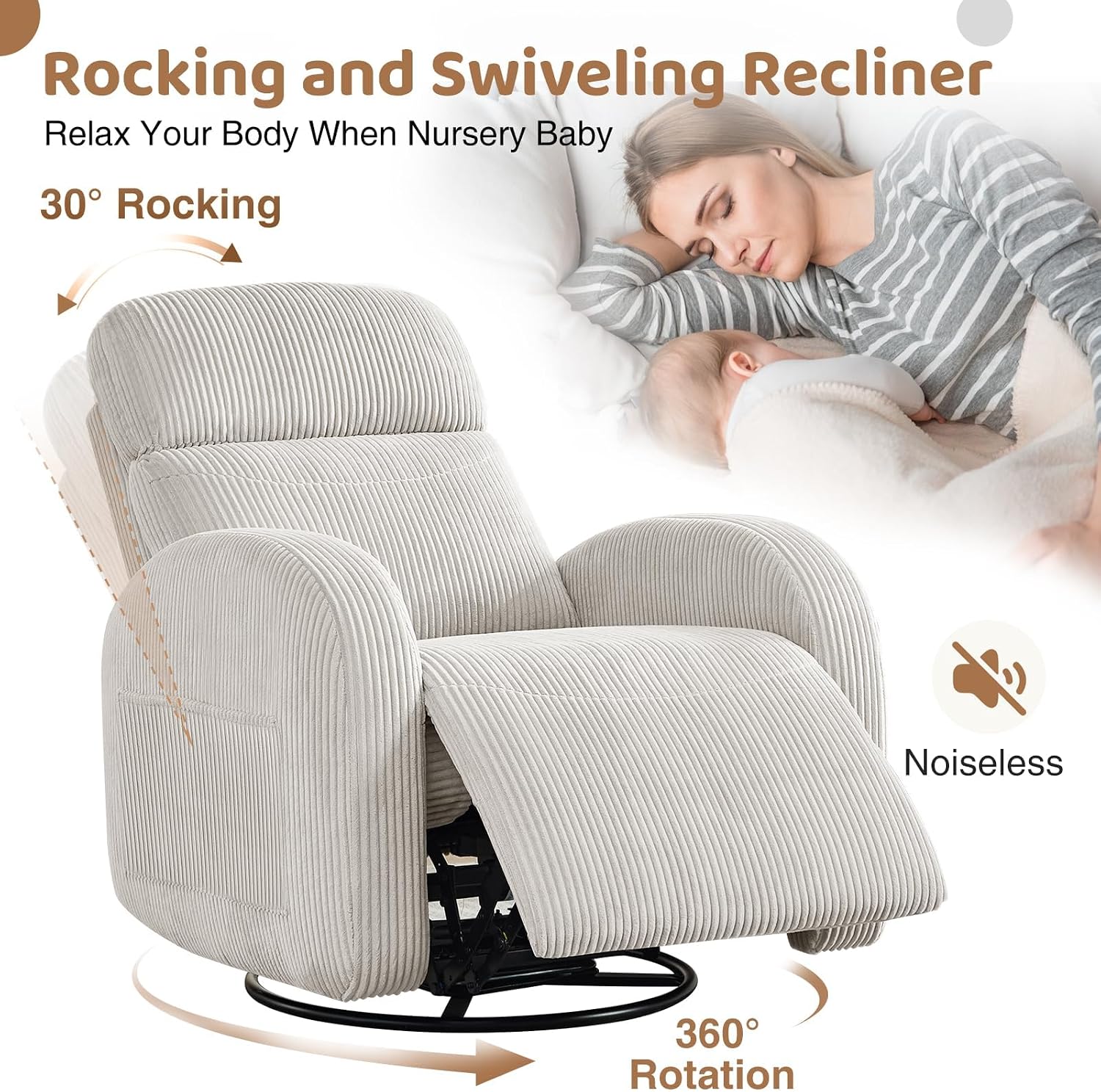 Swivel Rocker Recliner for Nursery, Glider Recliner Nursery Chair, Rocking Recliner Chairs with Double Pockets for Living Room, Camel Corduroy