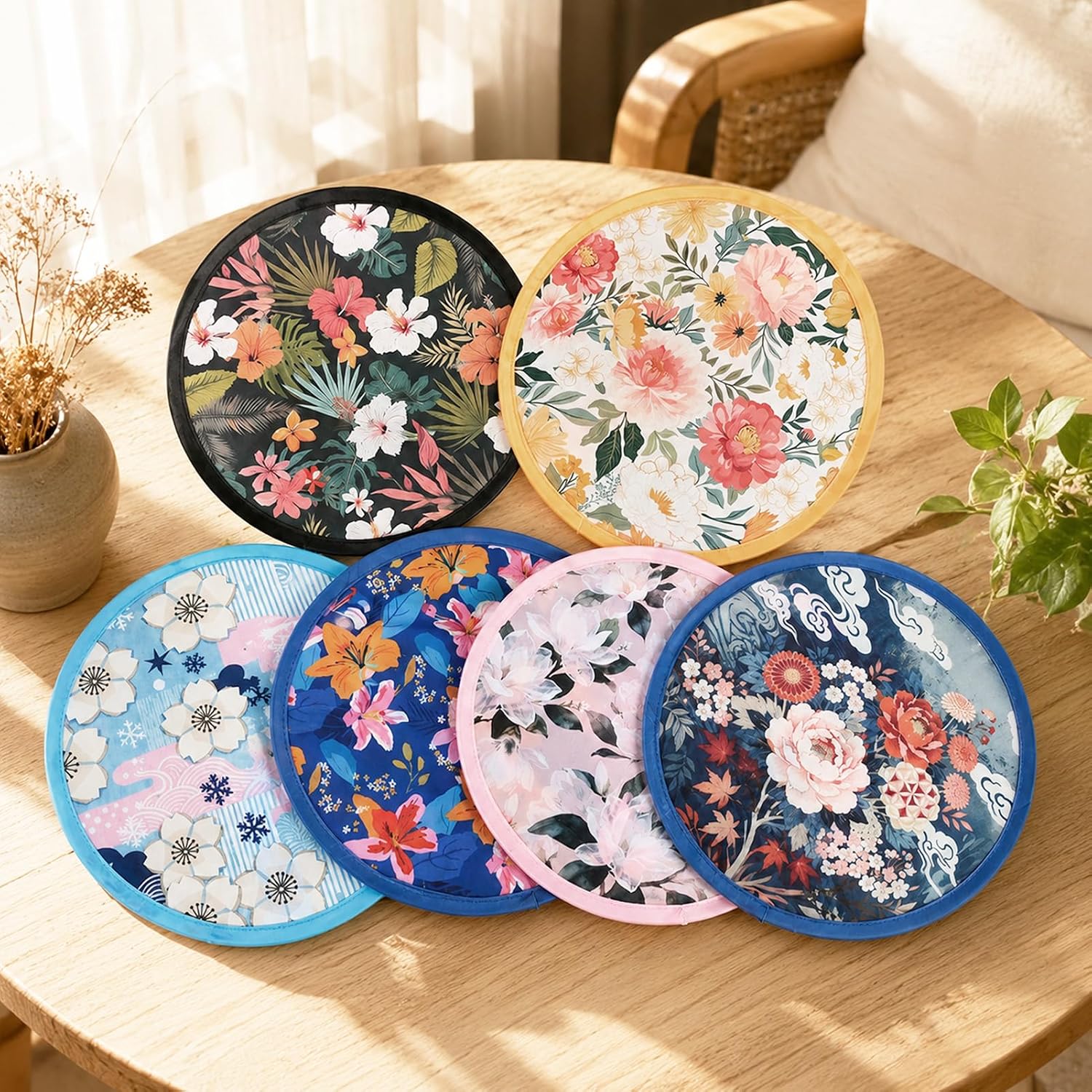 6 PCS 6 Styles Foldable Cooling Fans, Handheld Colorful Floral Round Fans for Travel, Events, Indoor & Outdoor