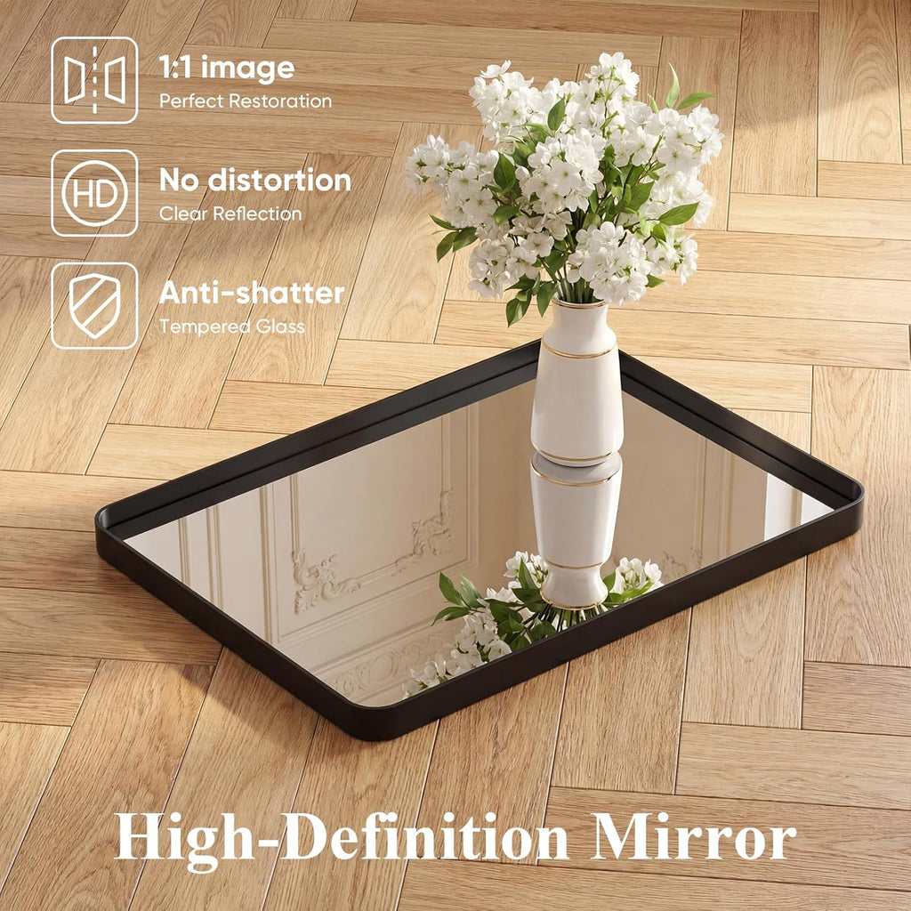 Sweetcrispy Bathroom Wall Mirror, 36x24 Inch Wall Mount Mirror for Over Sink, Modern Rounded Rectangle Vanity Mirrors with Matte Metal Framed, for Home Decor, Living Room, Bedroom, Black