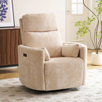 Oversized Power Recliner with Massage and Heat, Swivel Rocker Recliner with Adjustable Headrest, Glider Recliner Nursery Chair with 2 Pillows, rocking nursery recliner for Living Room,Chenille Beige