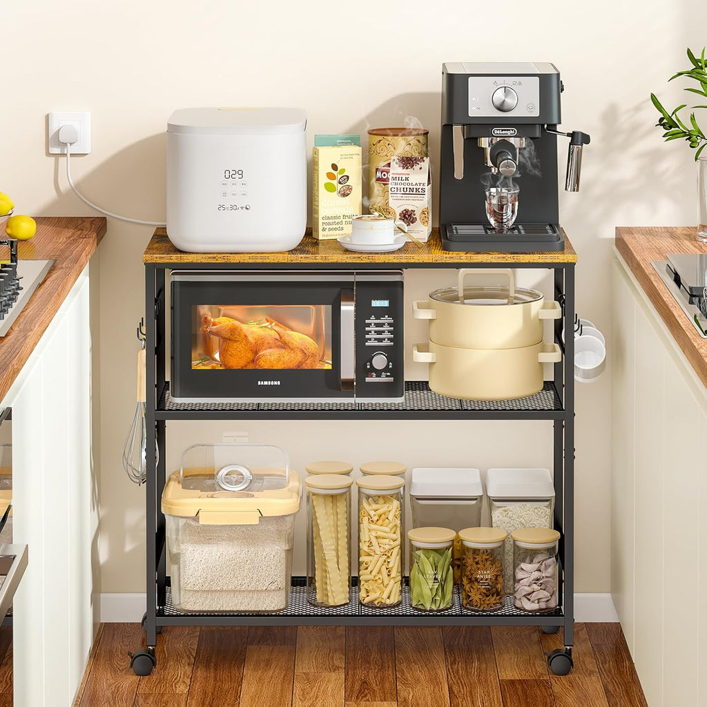 3 Tier Rolling Kitchen Microwave Cart, 33 Inch Microwave Table Stand with Adjustable Shelf, Kitchen Storage Island Utility Cart on Lockable Wheels, Bakers Rack Coffee Bar for Living Room, Office