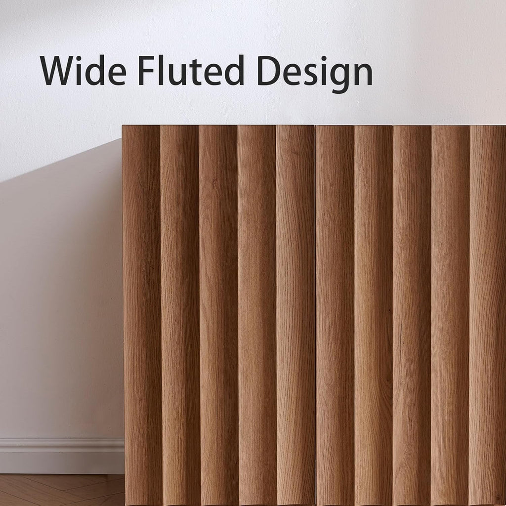 VividVibe Wide Fluted Sideboard Buffet Cabinet with Storage, 94.11" Long Credenza with 6 Integrated Finger Pulls Doors, Modular Large Buffet Table Modern Organic for Entryway Living Room Amber Oak