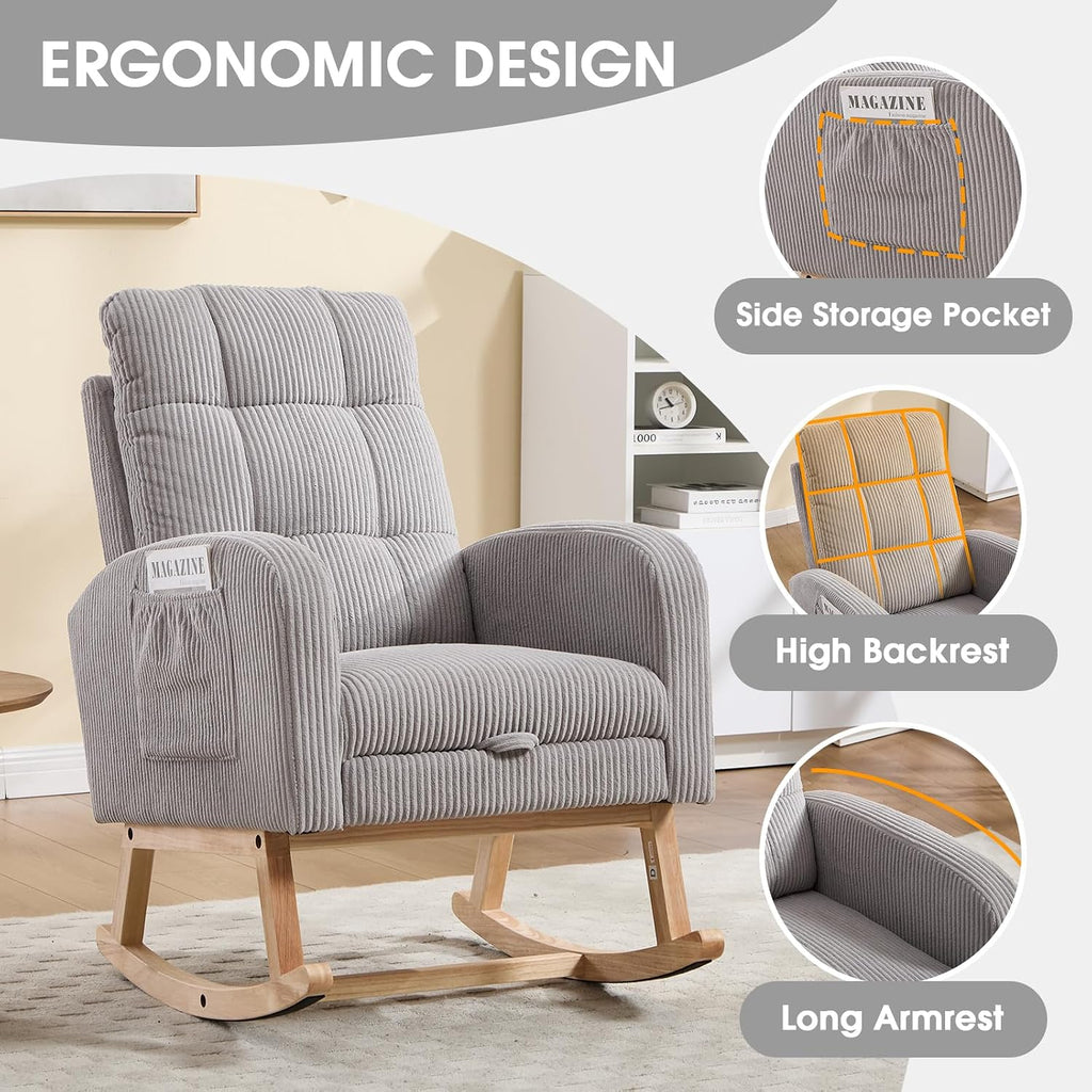Nursing Rocking Chair, Nursery Glider with Footrest (Grey Retro) | Corduroy Upholstered Accent Rocking Armchair with High Back & Side Pockets for Living Room Bedroom Office Nursery