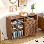Mid Century Record Player Stand, Large Vinyl Turntable Console with Doors, Charging Station, 451 Albums Capacity Media Storage Shelf, Entertainment Center for Living Room, Bedroom, Walnut