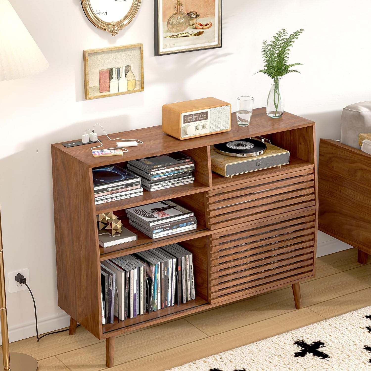 Mid Century Record Player Stand, Large Vinyl Turntable Console with Doors, Charging Station, 451 Albums Capacity Media Storage Shelf, Entertainment Center for Living Room, Bedroom, Walnut