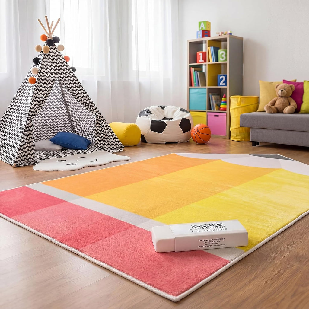 Breling 4 x 6 ft Pencil Rug Classroom Decor Educational Area Rug Soft Faux Wool Floor Mat Non Slip Cushion Welcome for Back to School Teacher Party Gift Learning Play Read Corner