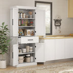 72" Tall Kitchen Pantry Storage Cabinet, Farmhouse Freestanding Sideboard Utility Cupboard Large Hutch Cabinets with 4 Barn Doors, Drawer and Adjustable Shelves, White