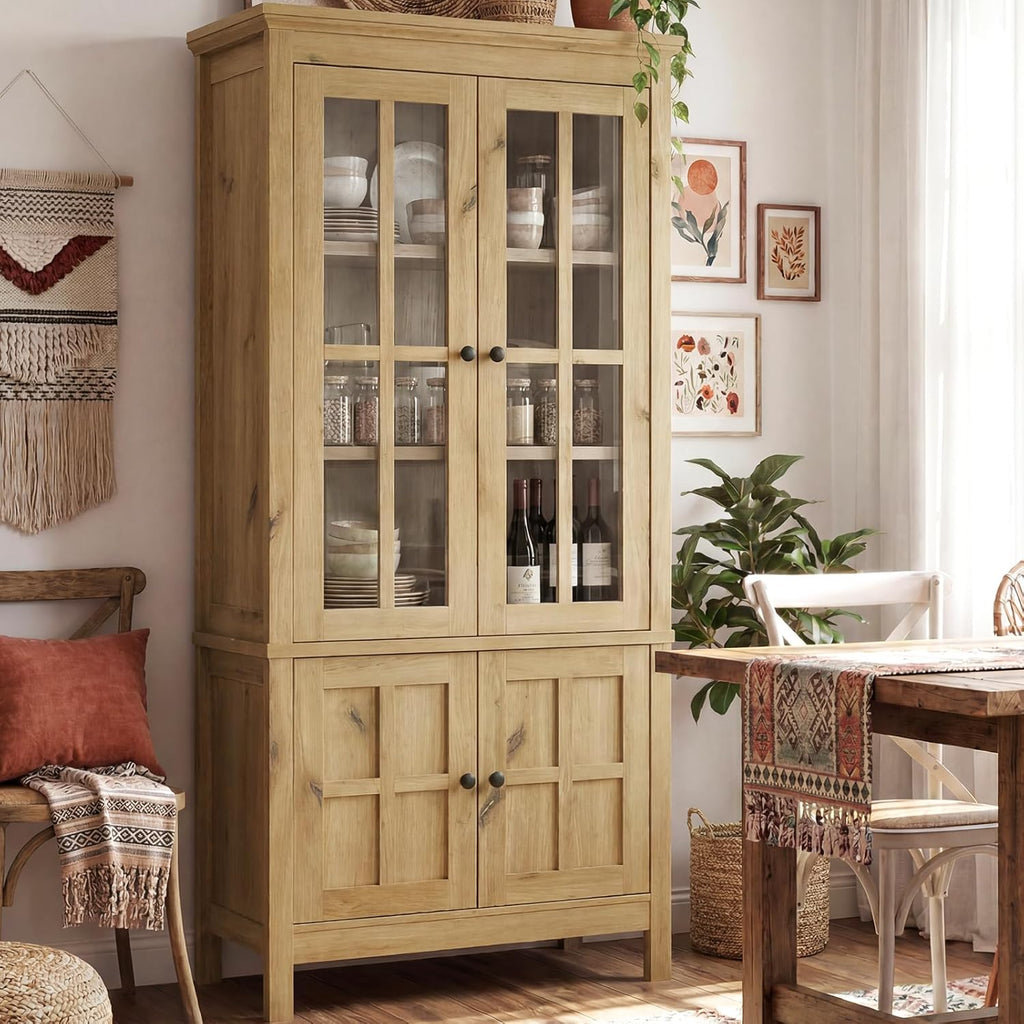 Farmhouse 63" Kitchen Pantry Storage Cabinet with Glass Doors & Hidden Storage, Display Kitchen Hutch Cupboard with Adjustable Shelves for Dining Room, Living Room Home Office