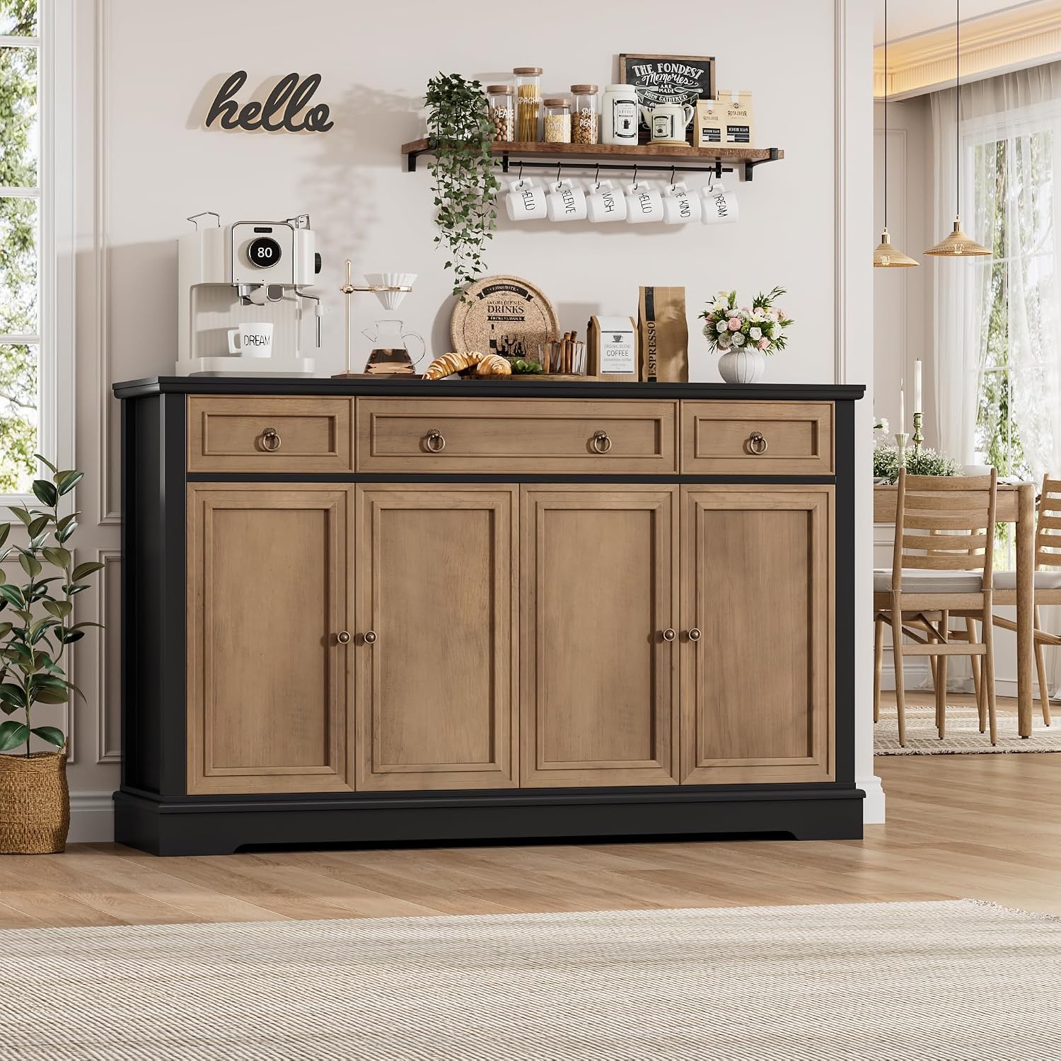 FINETONES Buffet Cabinet with Storage, 52.7" Large Sideboard Buffet Table, Kitchen Cabinet with 3 Drawers and 4 Doors, Wood Coffee Bar for Kitchen Dining Room, Black/Brown