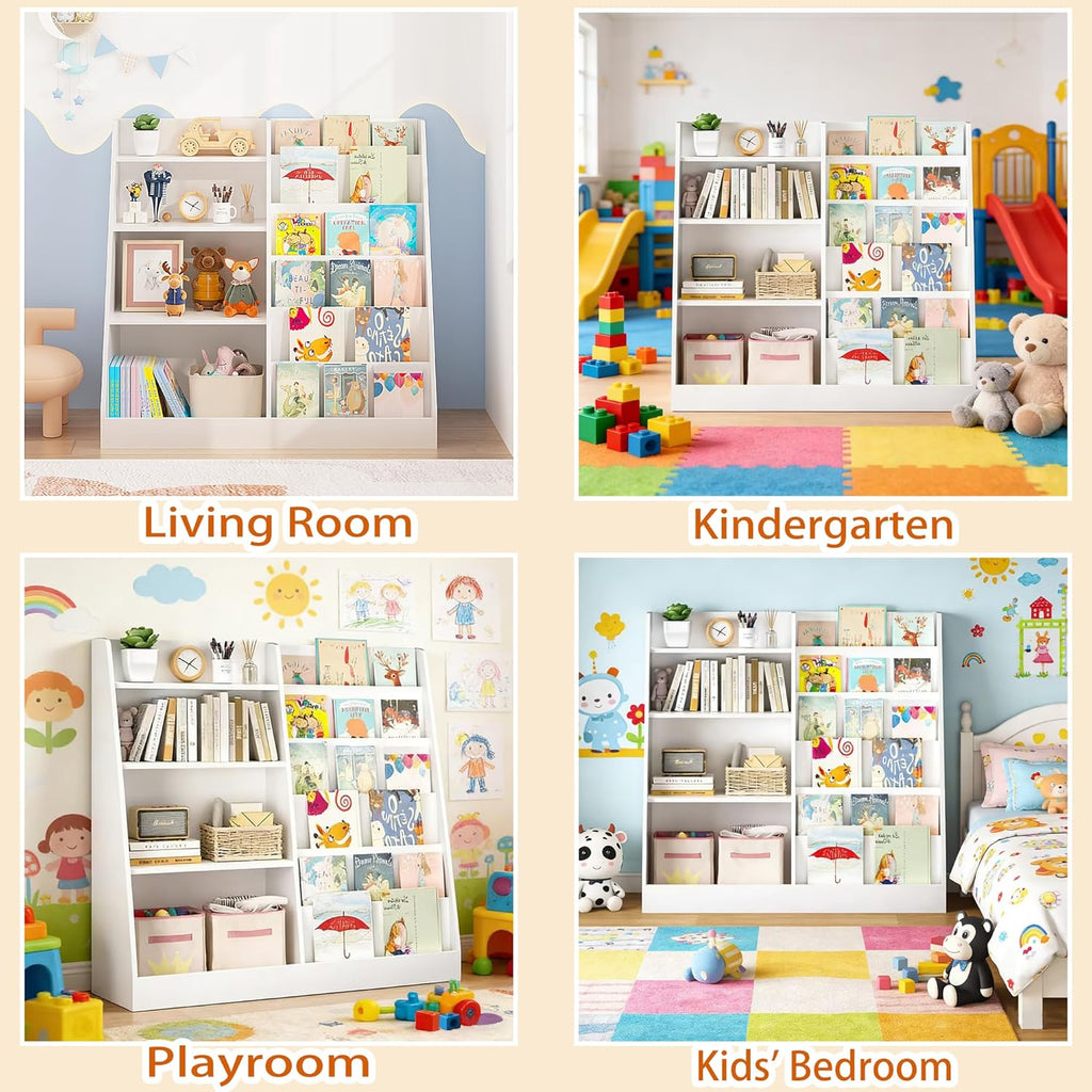 6 Tier Kids Wooden Bookshelf and Toy Storage, Children Toy Organizer with Book Shelves, Easy Assembly, Toddler BookRack Baby Bookcase for Nursery, Playroom and Classroom, White (White)