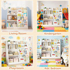 6 Tier Kids Wooden Bookshelf and Toy Storage, Children Toy Organizer with Book Shelves, Easy Assembly, Toddler BookRack Baby Bookcase for Nursery, Playroom and Classroom, White (White)