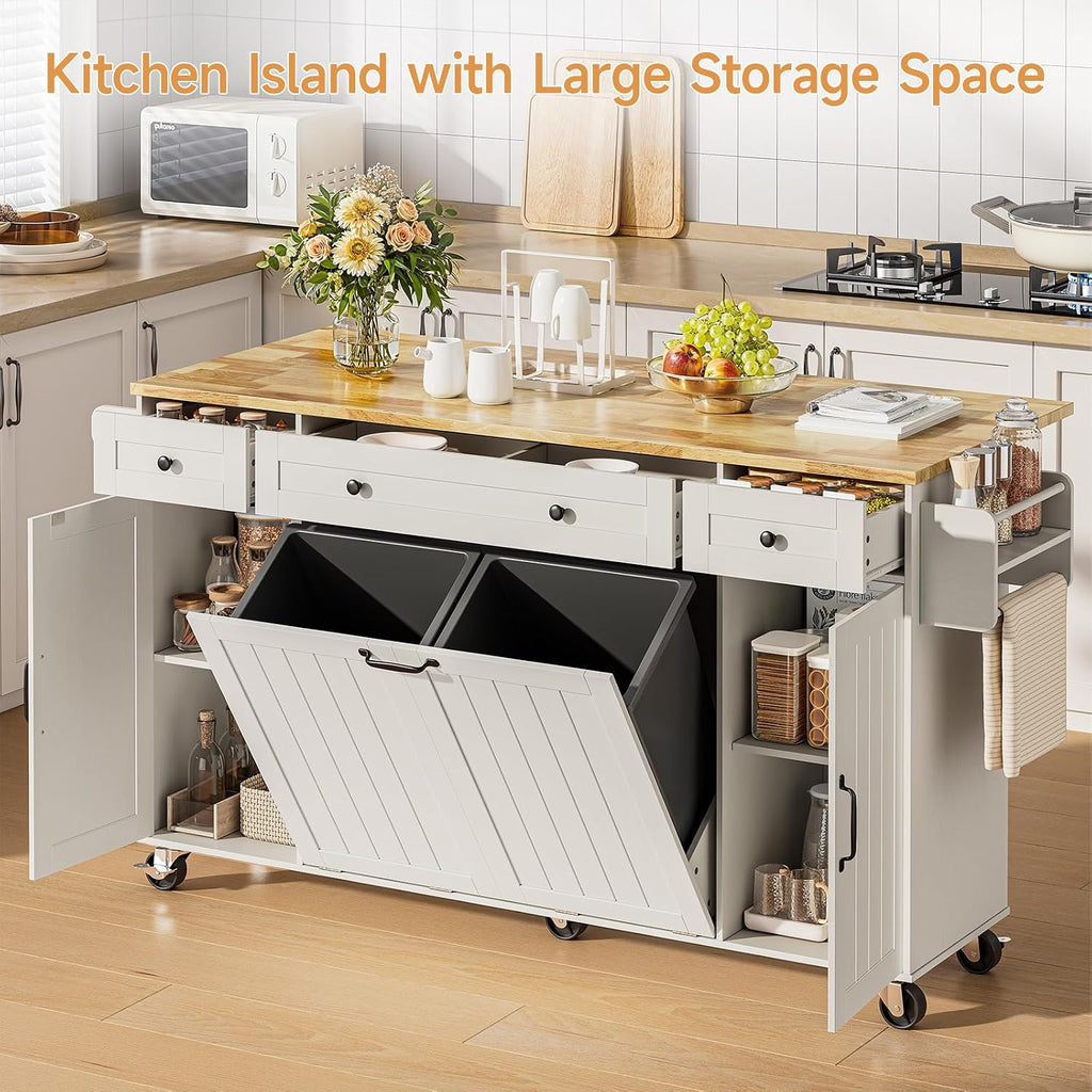 ONBRILL 69" Kitchen Islands with Dual Trash Cabinets, Rolling Island Cart with Large Storage, Dining Table with Solid Wood Drop Leaf, Bar Table with Power Outlet & Spice & Towel Rack, White