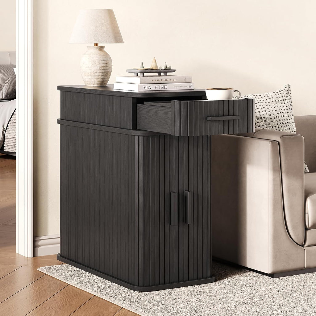 Side End Table with Charging Station, Slim Nightstand with Drawer, Mid-Century Wood Skinny Bedside Table with Storage, Narrow Side Tables for Small Space Living Room Bedroom Office Sofa Couch Black
