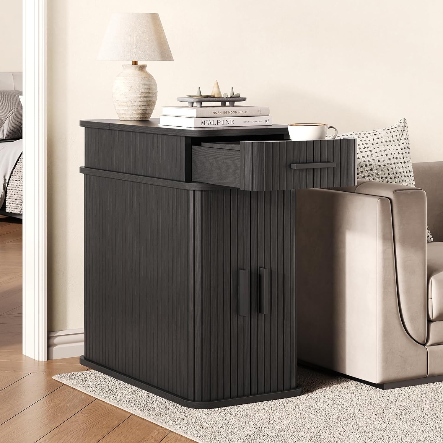 Side End Table with Charging Station, Slim Nightstand with Drawer, Mid-Century Wood Skinny Bedside Table with Storage, Narrow Side Tables for Small Space Living Room Bedroom Office Sofa Couch Black