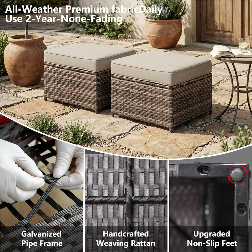 2 Piece Patio Sofa Ottomans with 4.3" Thick Cushions, Wicker Outdoor Couch Extension Set, All-Weather Rattan Seating Accessory for Backyard Furniture,Beige
