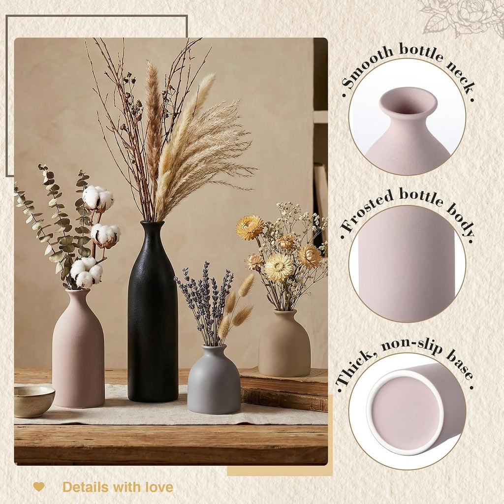 Dandat Brown Ceramic Vase Set of 4, Modern Ceramic Vases Neutral Colors Farmhouse Table Centerpiece for Dried Flowers, Living Room, Kitchen, Bedroom