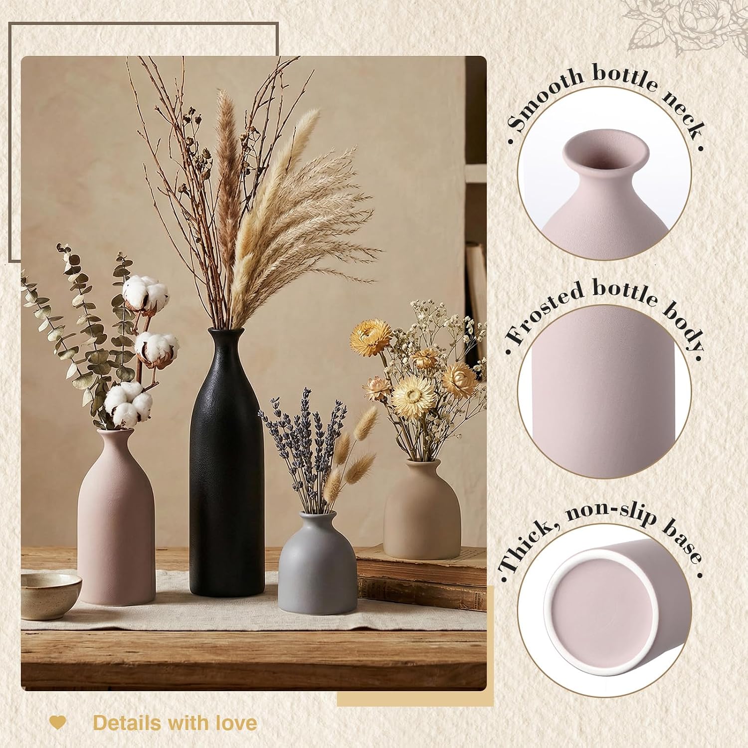 Dandat Brown Ceramic Vase Set of 4, Modern Ceramic Vases Neutral Colors Farmhouse Table Centerpiece for Dried Flowers, Living Room, Kitchen, Bedroom
