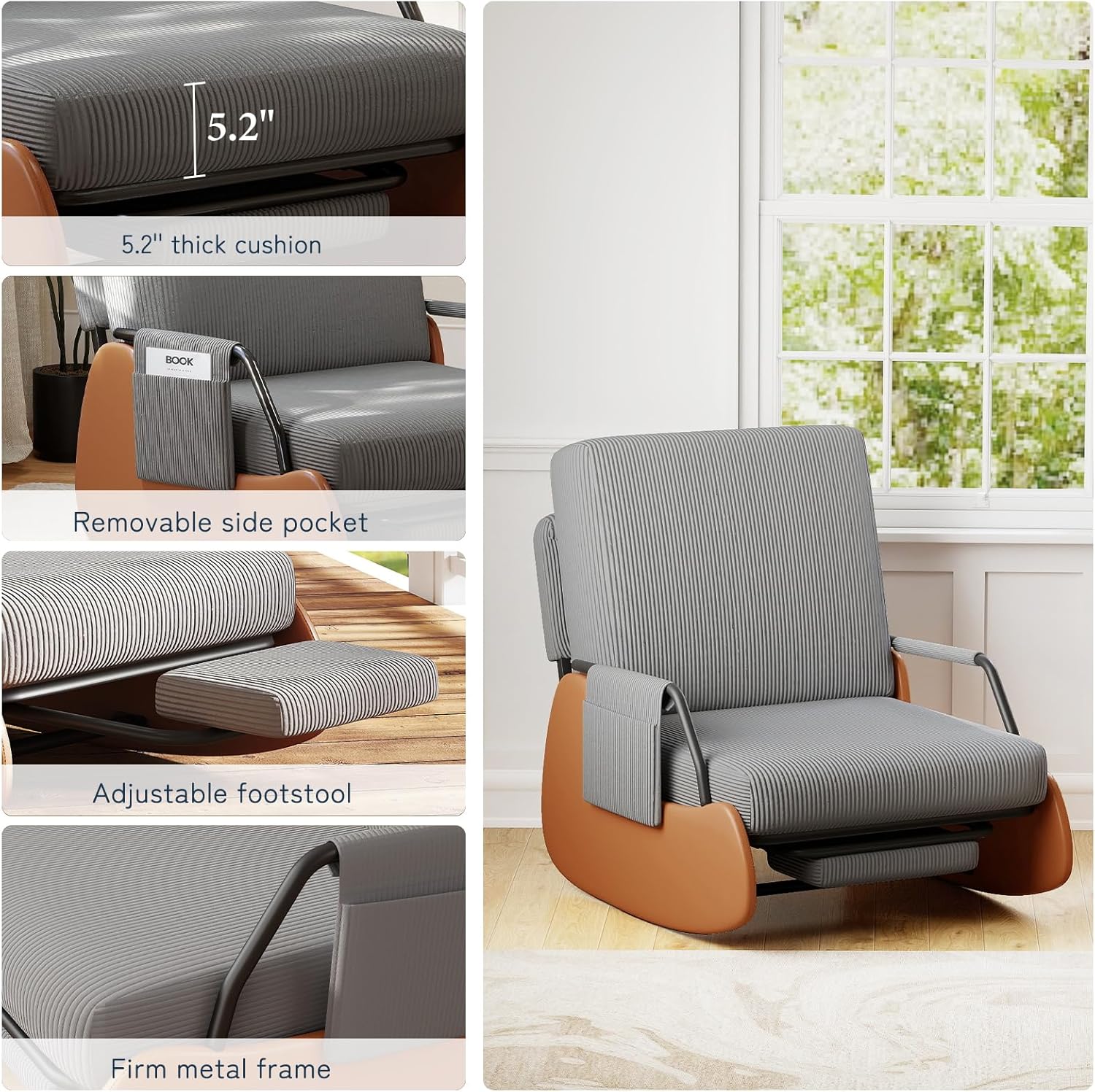 Furniliving Modern Glider Rocking Chair, Upholstered Nursery Glider Chair with Adjustable Recline & Retractable Footrest, Comfortable Lounge Chair for Mom Nursery Living Room Bedroom (Dark Grey)