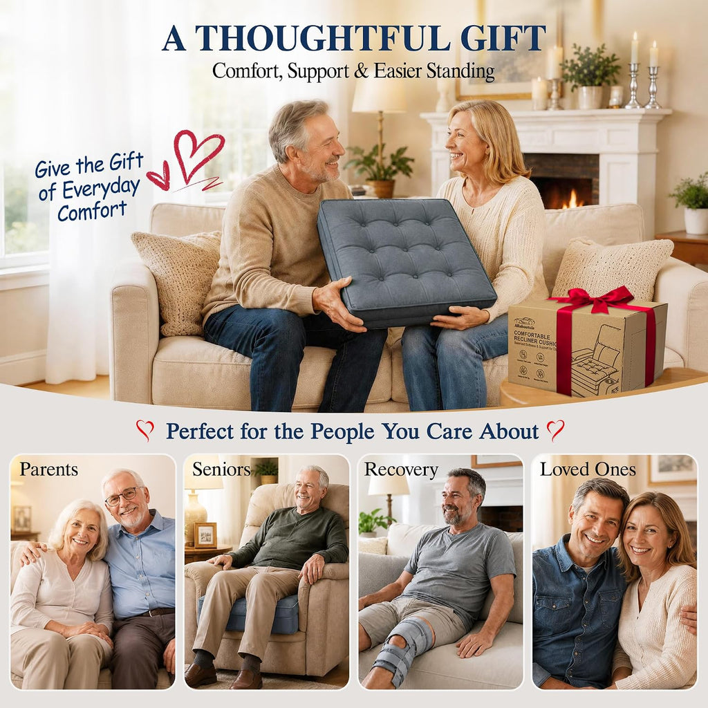 Allaboutsla Recliner Cushion for Elderly: 20x20x5 Comfy Recliner Seat Cushion, Dual-Layer Foam Support for Long Sitting and Raise Seat Height, Non-Slip Cushions for Recliners, Couch & Armchair - Gray