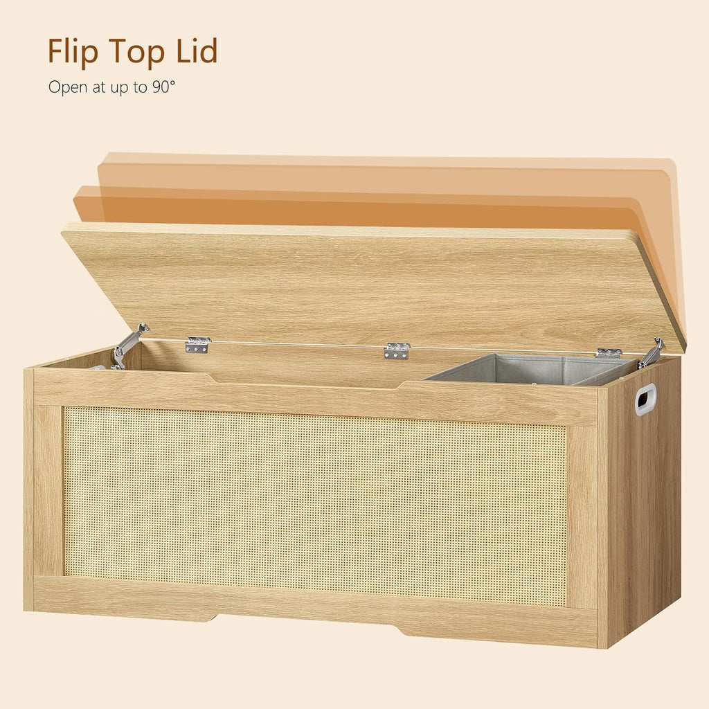 usikey 47.2" Large Storage Chest with Fabric Drawer, Toy Box with Safety Hinges, Extra Wide Storage Bench for Bedroom, Living Room, Entryway, Supports 300 lb