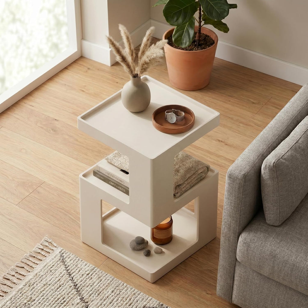 COZAYH Farmhouse Geometric Wood End Table, Distressed Accent Side Table with Two Storage Space, 3-Layer Cube Design for Bedroom, Living Room, Entryway, White