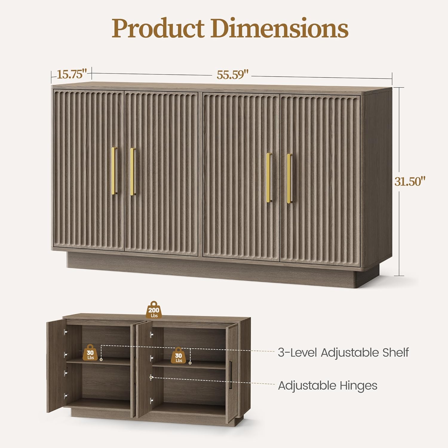 PAPROOS 55" Modern Fluted Sideboard Buffet Cabinet, Space-Saving Storage Credenza for Home Coffee Bar, 4-Door Accent Furniture with Adjustable Shelves for Clutter-Free Living (Brown Gray)