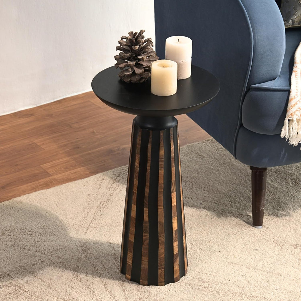 Modern Black & Walnut Wood Accent Table – Handcrafted Drum Pedestal Side Table for Living Room, Bedroom, or Office – Sleek Round Top with Textured Carved Base Black