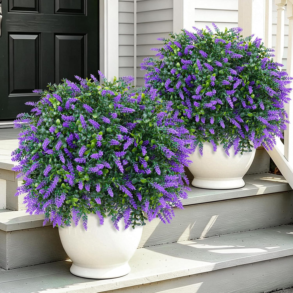 Yangrass Artificial Lavender Topiary Ball Trees with Ground Spike, Set of 2 UV Resistant Artificial Shrubs, Fake Evergreen Artificial Plant Bush for Indoor Outdoor Front Porch Garden