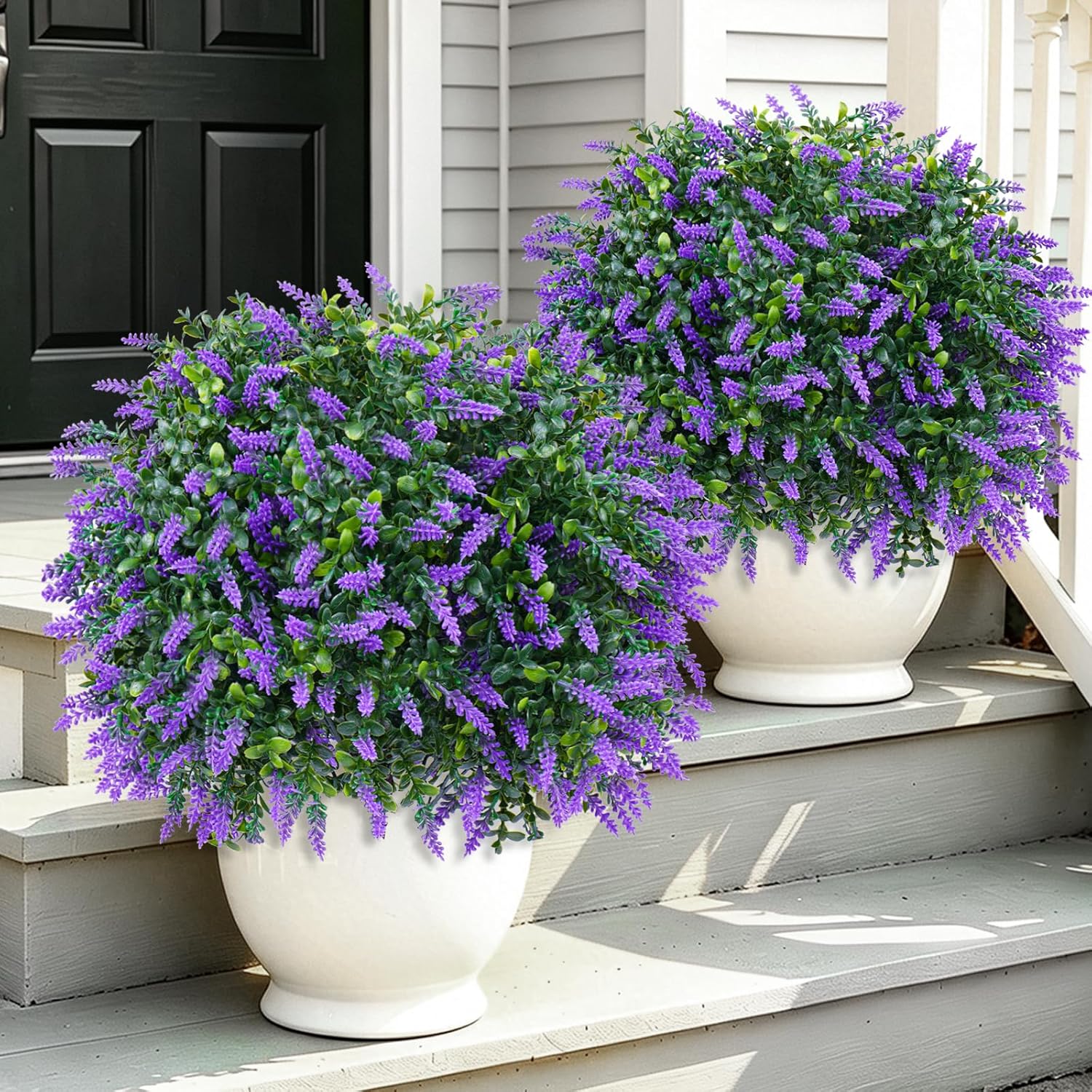 Yangrass Artificial Lavender Topiary Ball Trees with Ground Spike, Set of 2 UV Resistant Artificial Shrubs, Fake Evergreen Artificial Plant Bush for Indoor Outdoor Front Porch Garden