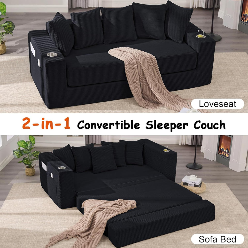 76" Convertible Sofa Bed, 2-in-1 Boneless Sleeper Sofa with Cup Holder & Pocket, Corduroy Pull Out Couch with 5 Pillows, Couch Bed for Living Room, Small Spaces, Bedroom, No Assembly