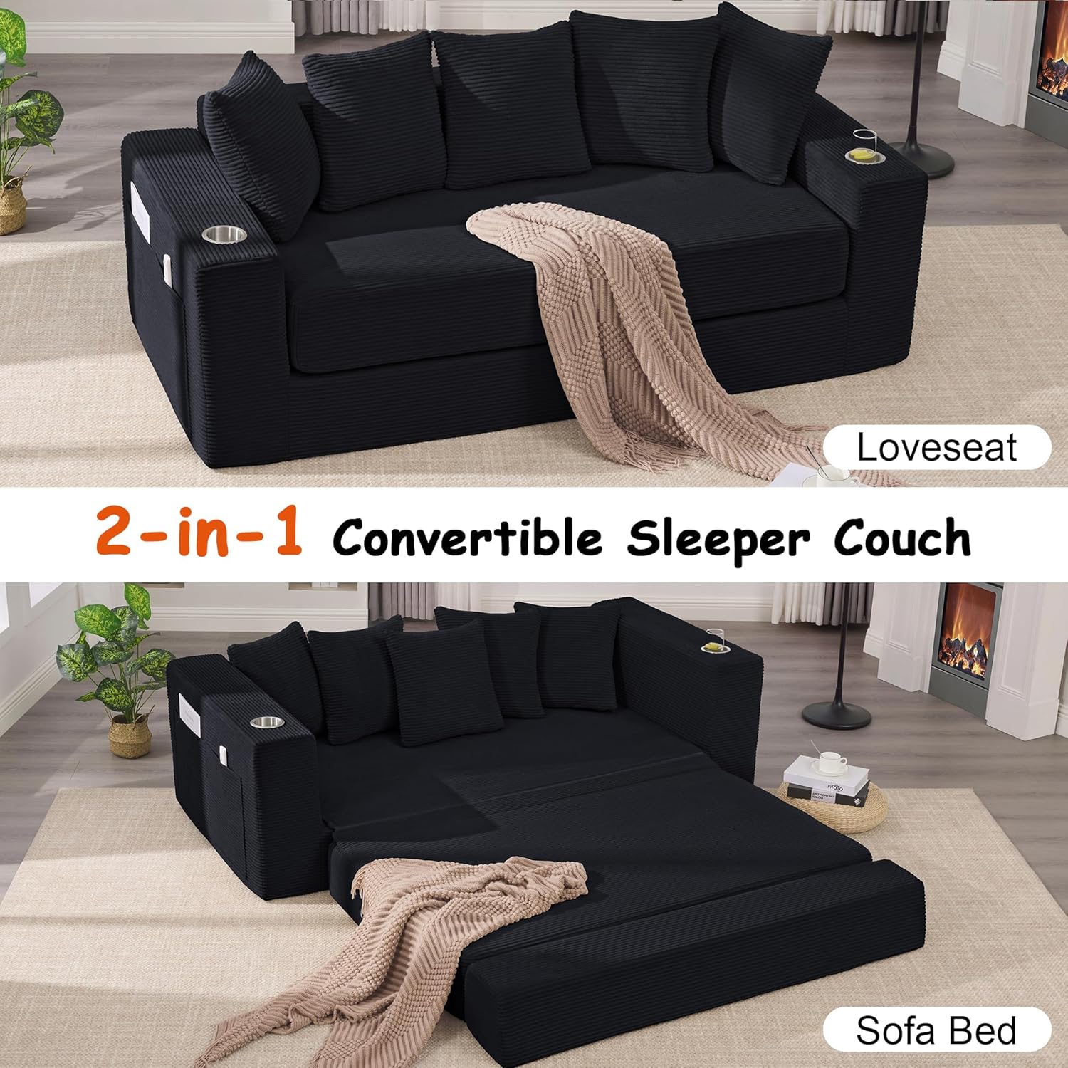76" Convertible Sofa Bed, 2-in-1 Boneless Sleeper Sofa with Cup Holder & Pocket, Corduroy Pull Out Couch with 5 Pillows, Couch Bed for Living Room, Small Spaces, Bedroom, No Assembly